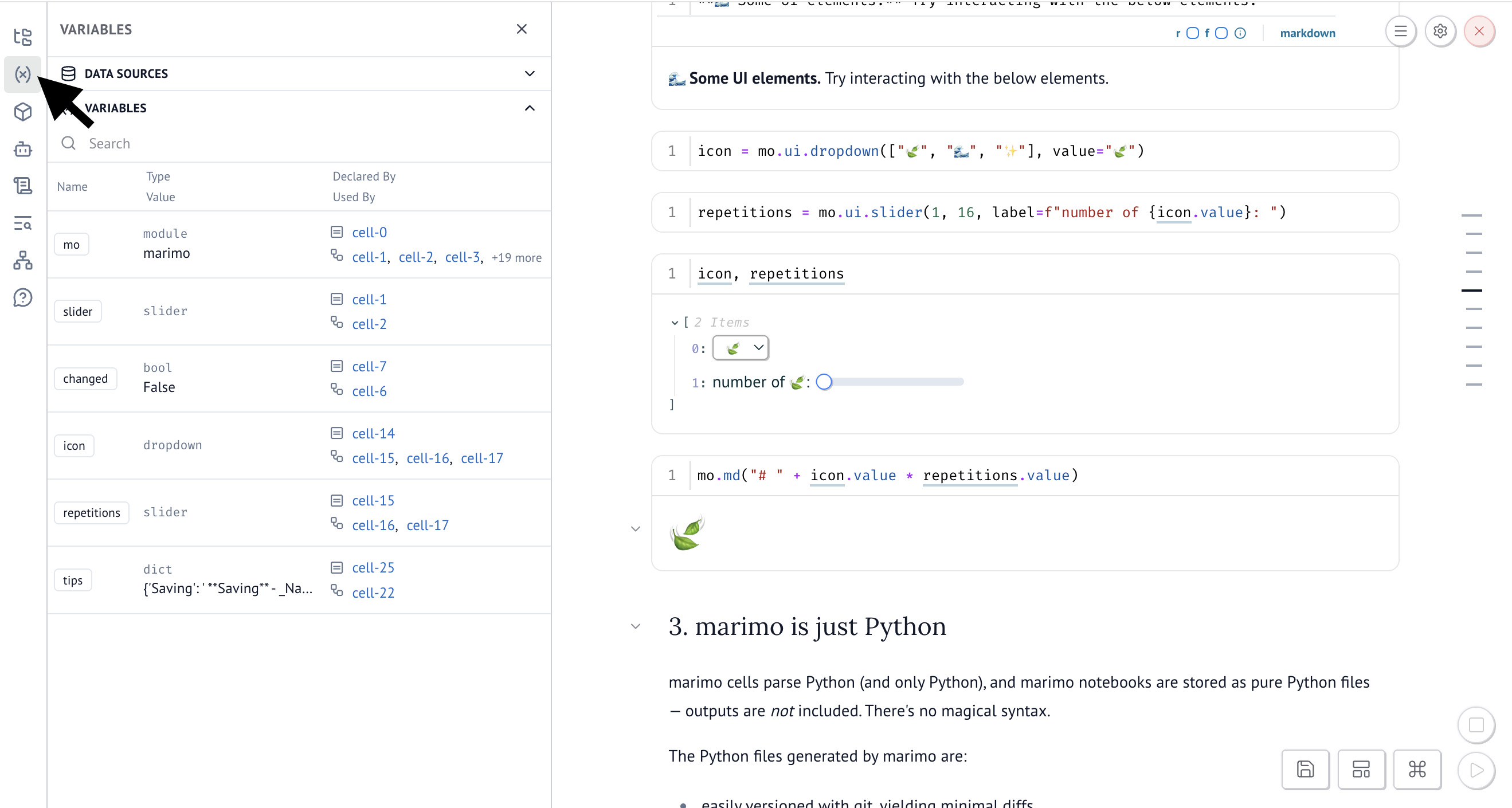 Variables explorer panel showing variable names, types, and relationships
